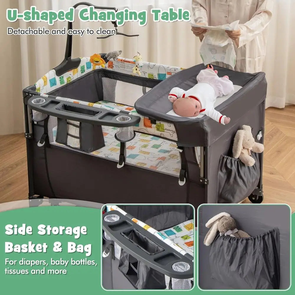 6-in-1 Multifunctional Play Yard with Bassinet, Changing Table, and Storage for Infants (Gray)