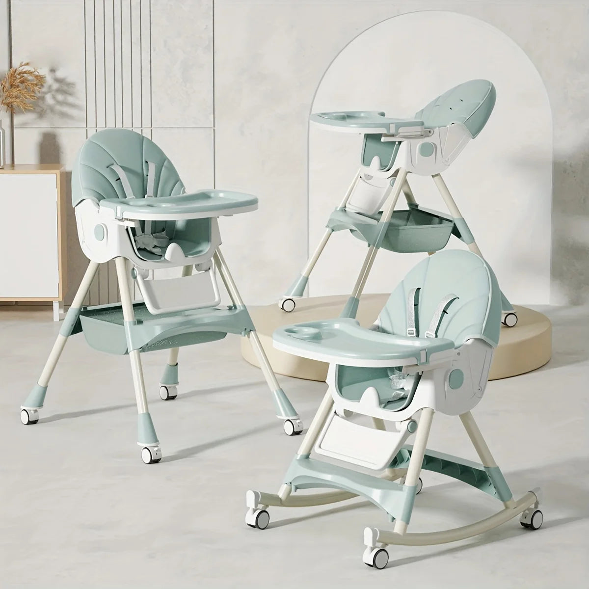 3-in-1 Convertible Baby High Chair Foldable Infant Chair Rocking Chair with Harness Lockable Wheels Removable Seat & Trays