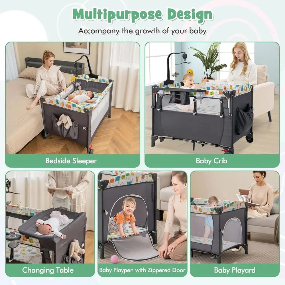 6-in-1 Multifunctional Play Yard with Bassinet, Changing Table, and Storage for Infants (Gray)
