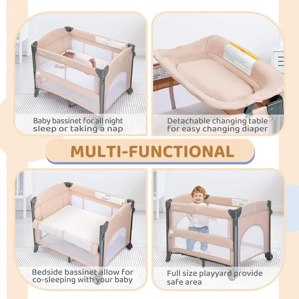 All-in-One Portable Baby Bassinet with Changing Table, Mattress, Wheels, Brakes, and Carry Bag for Boys or Girls