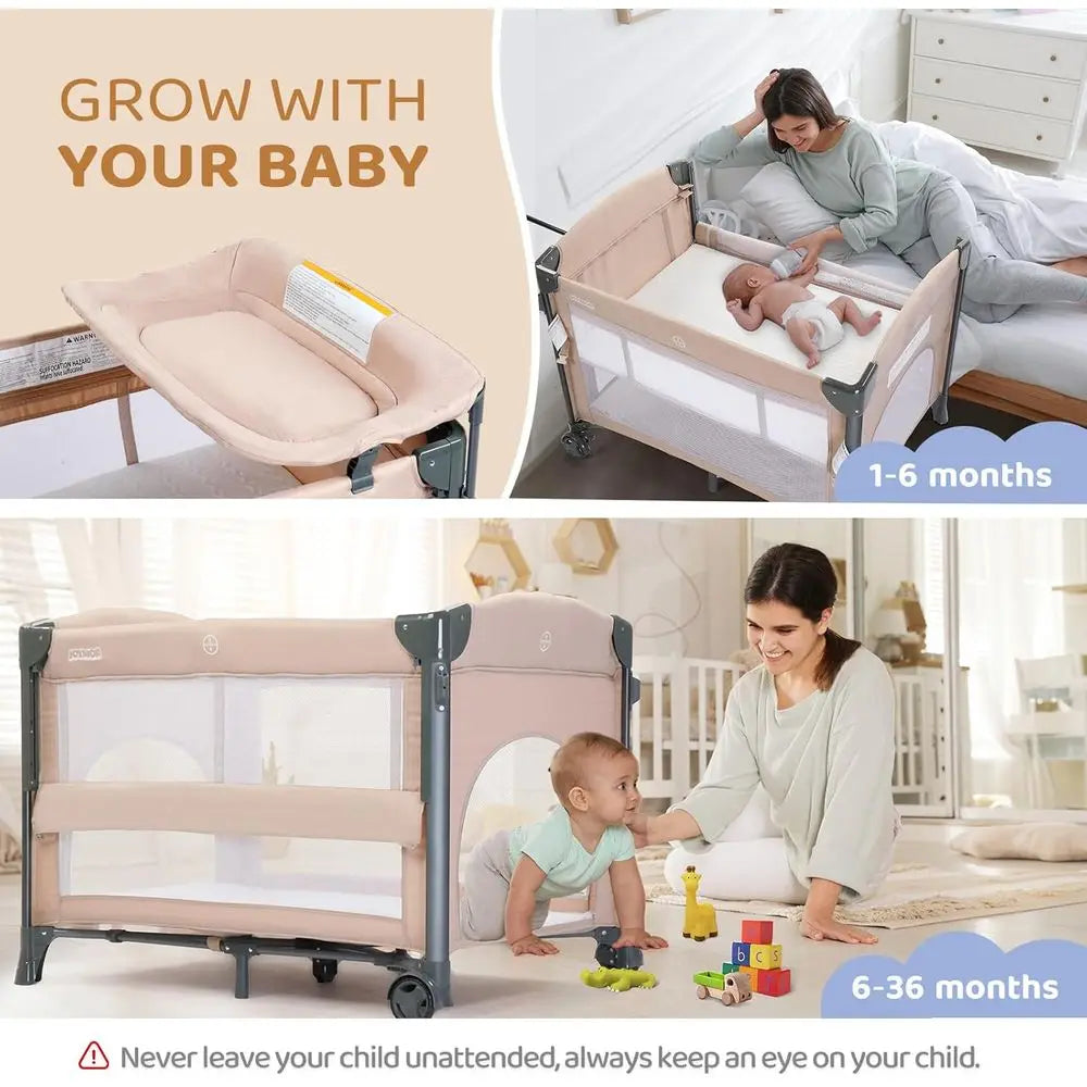 All-in-One Portable Baby Bassinet with Changing Table, Mattress, Wheels, Brakes, and Carry Bag for Boys or Girls