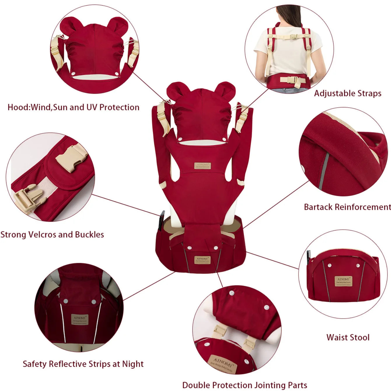 1 Red Multi-Functional Baby Carrier: Cross-Front/Back Style, Hands-Free Design, Adjustable Front-Facing Straps, Suitable for Inf