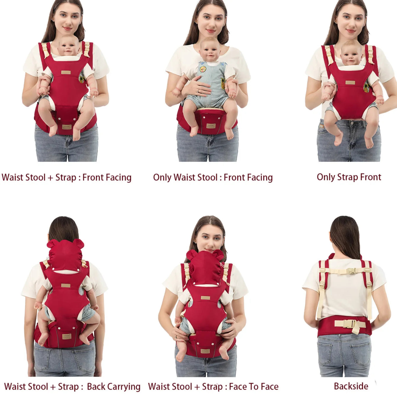 1 Red Multi-Functional Baby Carrier: Cross-Front/Back Style, Hands-Free Design, Adjustable Front-Facing Straps, Suitable for Inf
