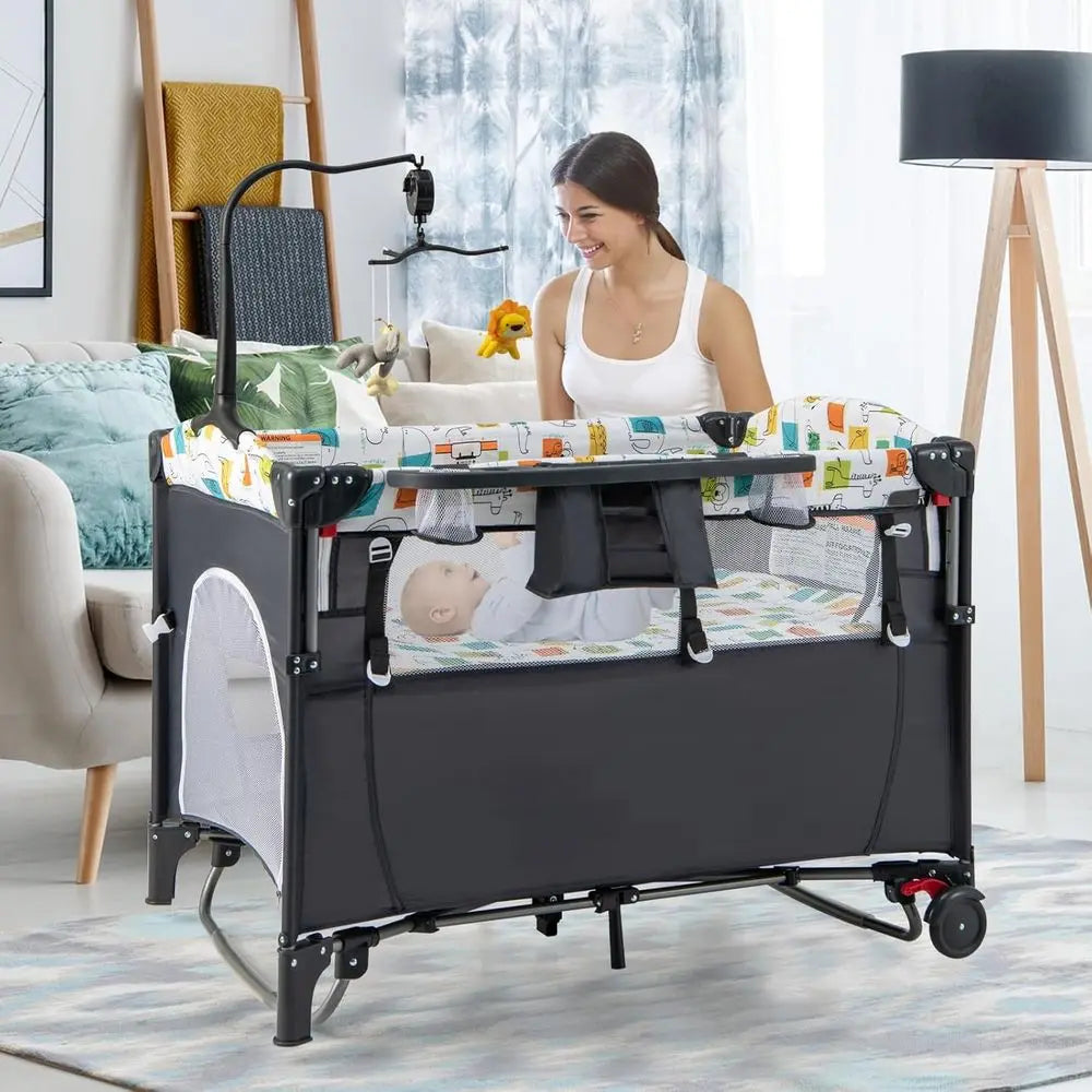 6-in-1 Multifunctional Play Yard with Bassinet, Changing Table, and Storage for Infants (Gray)
