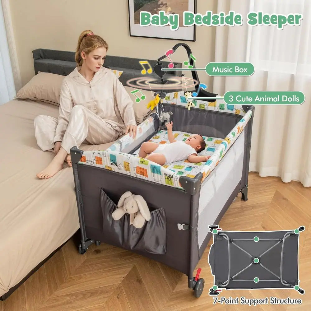 6-in-1 Multifunctional Play Yard with Bassinet, Changing Table, and Storage for Infants (Gray)