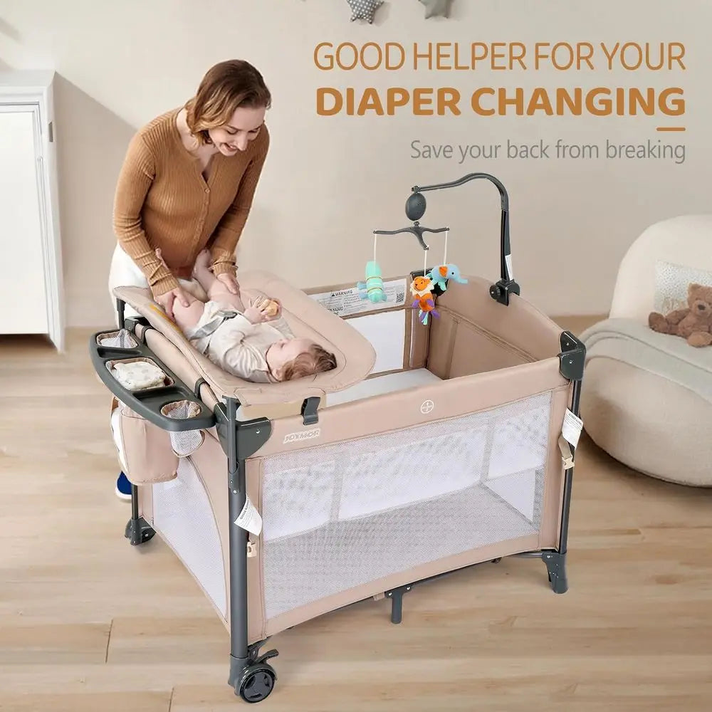 All-in-One Portable Baby Bassinet with Changing Table, Mattress, Wheels, Brakes, and Carry Bag for Boys or Girls