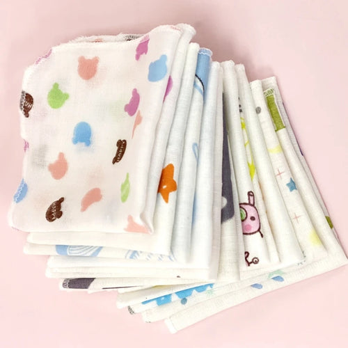 10Pcs Baby Washcloths Cartoon Cute Print Double Layer Gauze Infant Face Towel Absorbent Square Burp Cloths Handkerchief Random